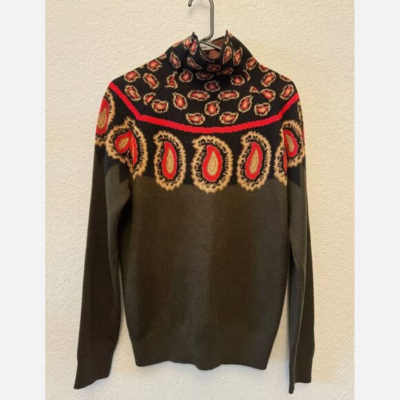 Women's Bohemian Paisley Turtleneck Sweater Olive Green Size S-L Designer Look - Picture 1 of 5